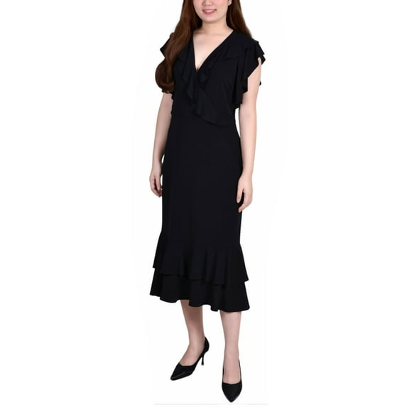 Petite Flutter Sleeve Ruffle Midi Dress Black PL