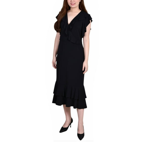 Petite Flutter Sleeve Ruffle Midi Dress Black PL