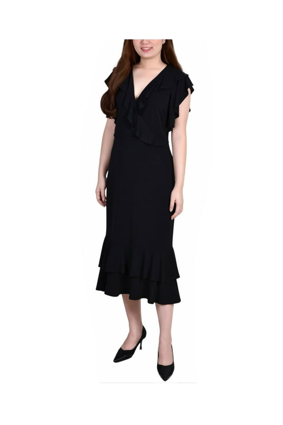 Petite Flutter Sleeve Ruffle Midi Dress Black PL