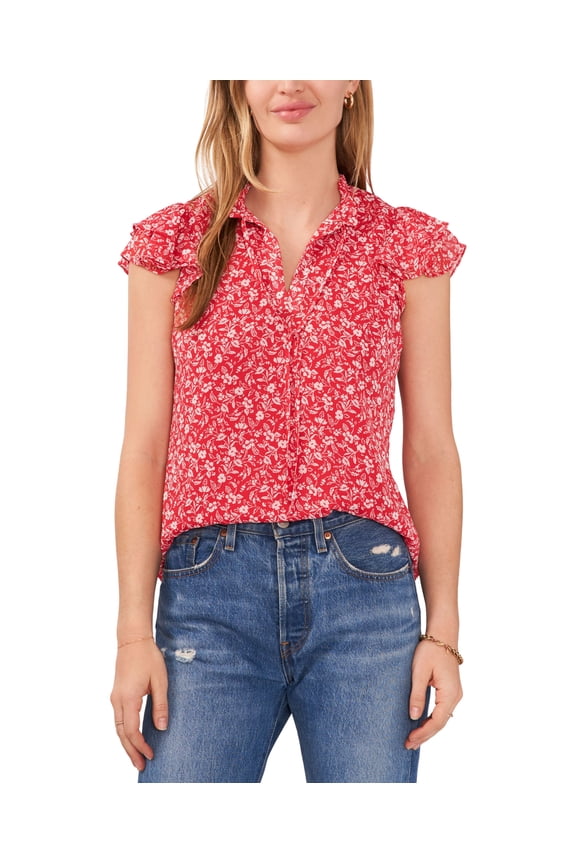 Petite Flutter-Sleeve Tie-Neck Top Coral PS