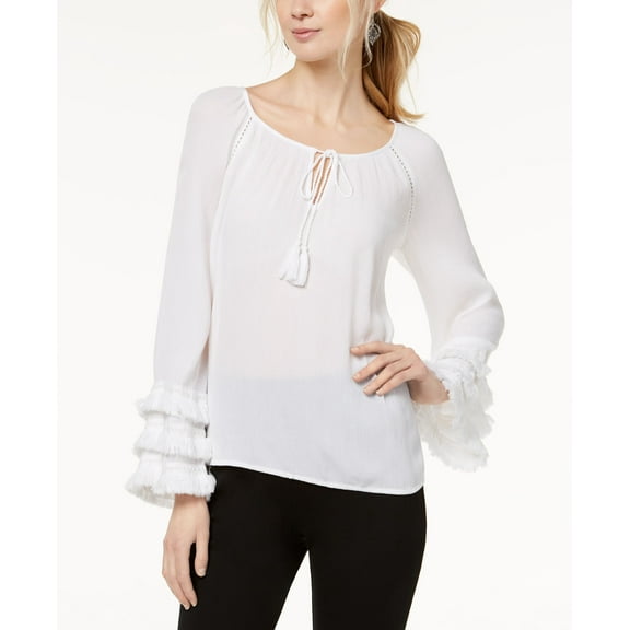 Petite Fringe Trim Peasant Top Bright White PL