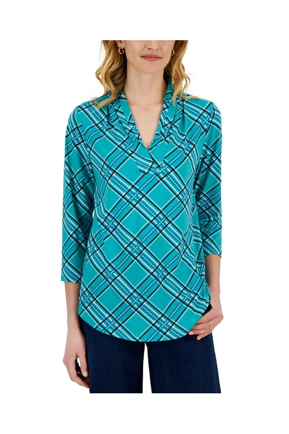 Petite Gathered V-Neck 3/4-Sleeve Top Teal Jade Combo PS