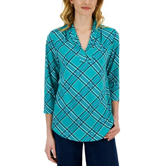 Petite Gathered V-Neck 3/4-Sleeve Top Teal Jade Combo PXXS