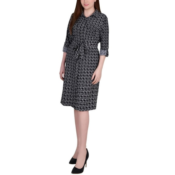 Petite Geometric Printed Long Sleeve Roll Tab Shirtdress Black White Circle Chain PXL