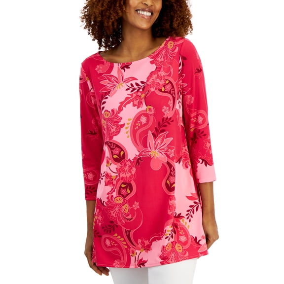 Petite Glamorous Garden 3/4-Sleeve Boat-Neck Top Claret Rose Combo PM