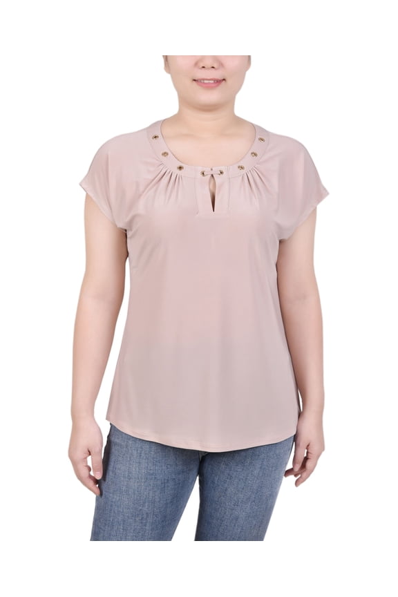 Petite Grommet Neck Knit Short Extended Sleeve Top Doeskin PL