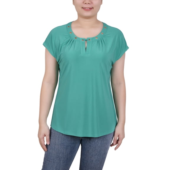Petite Grommet Neck Knit Short Extended Sleeve Top Emerald PXL