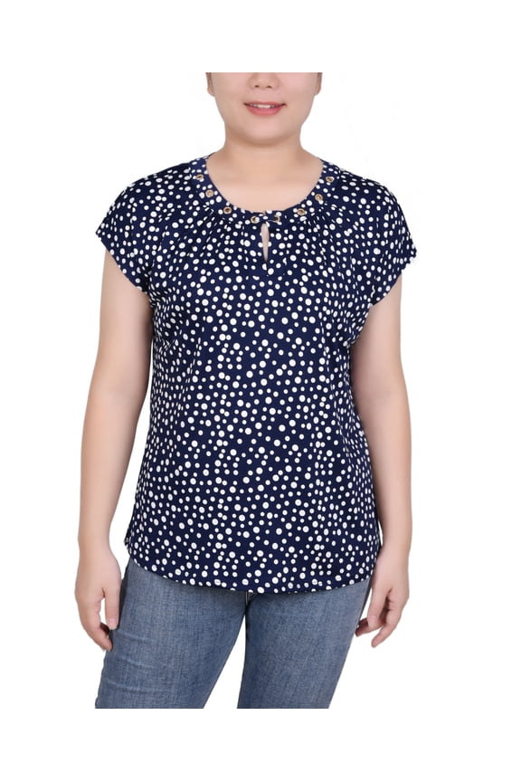 Petite Grommet Neck Knit Short Extended Sleeve Top Navy White Icemoon PM