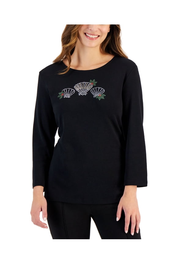Petite Holiday Print 3/4-Sleeve Tops Deep Black Shells PS