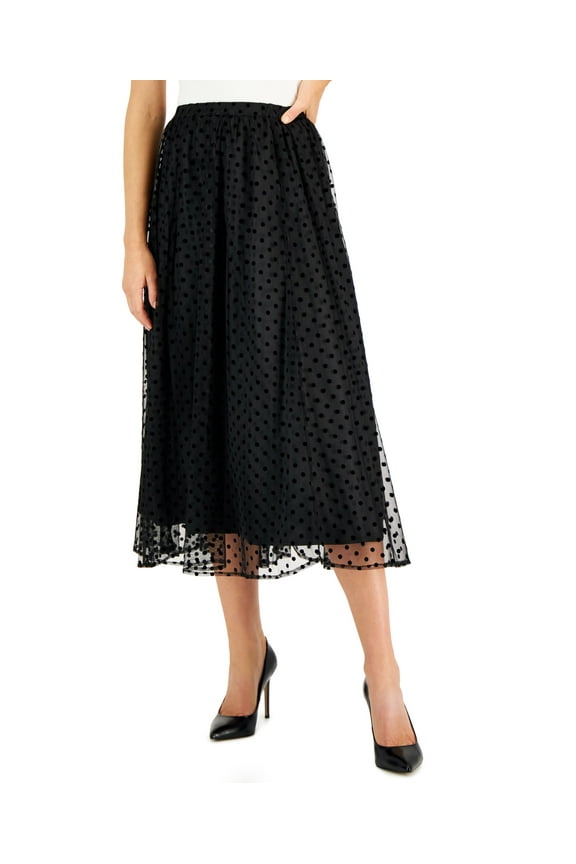 Petite Jacquard-Dot Pull-On Shirred Mesh Skirt Anne Black PS