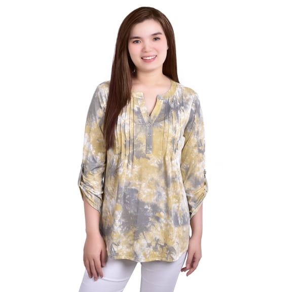 Petite Knit Jacquard 3/4 Sleeve Roll Tab Top Yellow Tiedye PXL