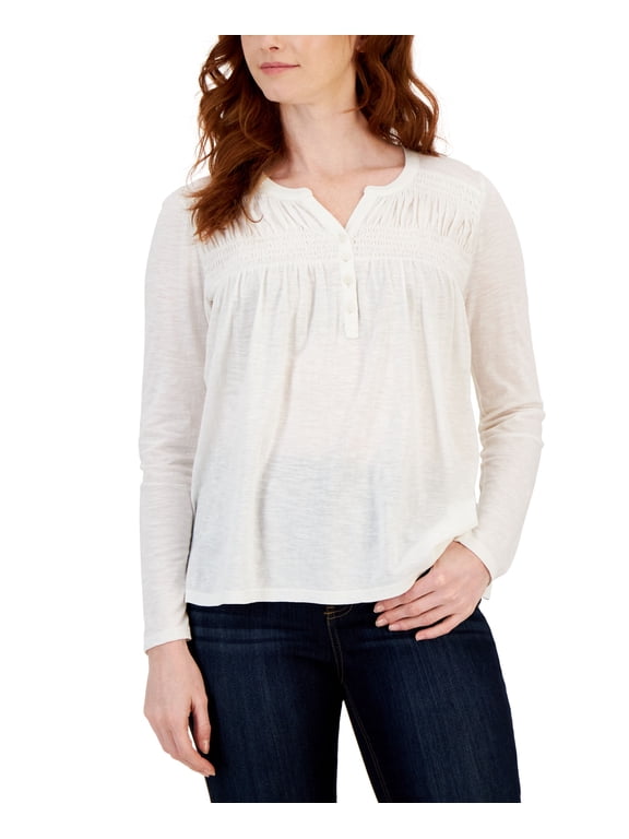 Petite Knit Smocked Long-Sleeve Top Shiitake PXL