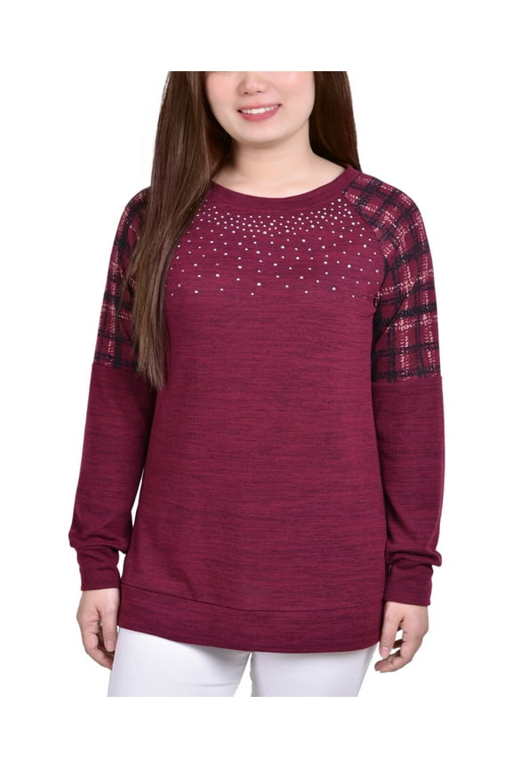 Petite Knit Top With Print Shoulder Insets Burgundy Plaid PS