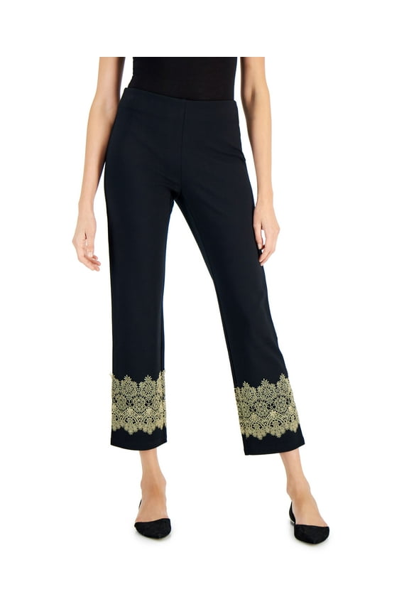 Petite Lace-Hem Ponte Pants Deep Black PXS