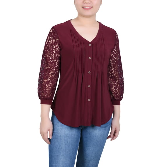 Petite Lace-Sleeve V Neck Top