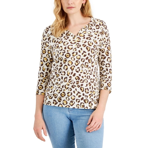 Petite Leopard-Print Henley Top Pebble PP