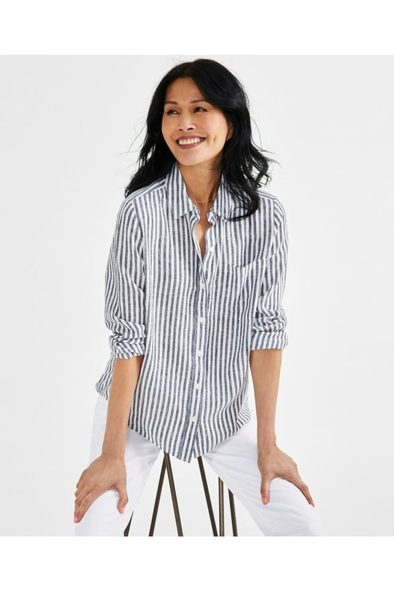 Petite Linen Blend Beach Stripe Perfect Shirt Beach Stripe Blue PS