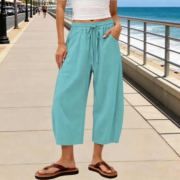 Petite Linen Capri Pants for Women, Wide Leg Drawstring Sweatpant Summer Casual Soft Lightweight Trousers with Pockets Flowy Trendy Beach Vacation Casual Baggy Trousers, Mint Green XL