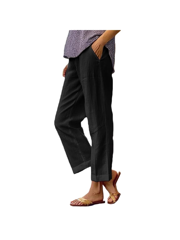 Petite Linen Pants for Women Plus Size Summer Lightweight Wide Leg Cropped Linen Pants Beach Vacation Trousers with Pockets