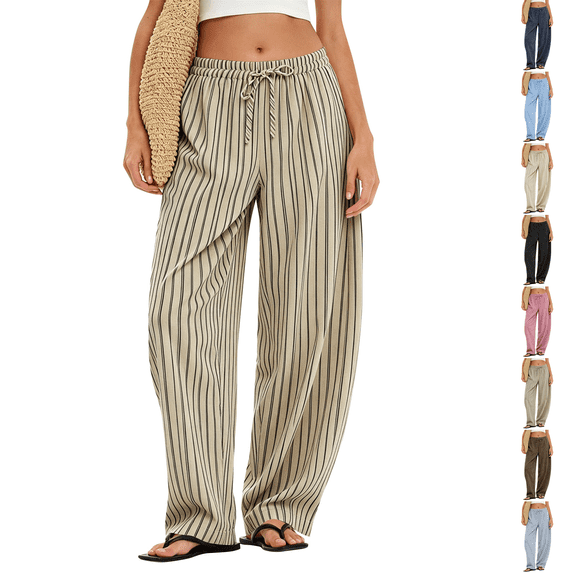 Petite Linen Pants for Women Striped Casual Comfy Elastic Waist Linen Drawstring Pants Y2k Baggy Flowy Lightweight Work Trousers Khaki 2XL