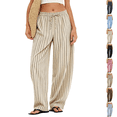 thumbnail image 1 of Petite Linen Pants for Women Striped Casual Comfy Elastic Waist Linen Drawstring Pants Y2k Baggy Flowy Lightweight Work Trousers Light Brown L, 1 of 6