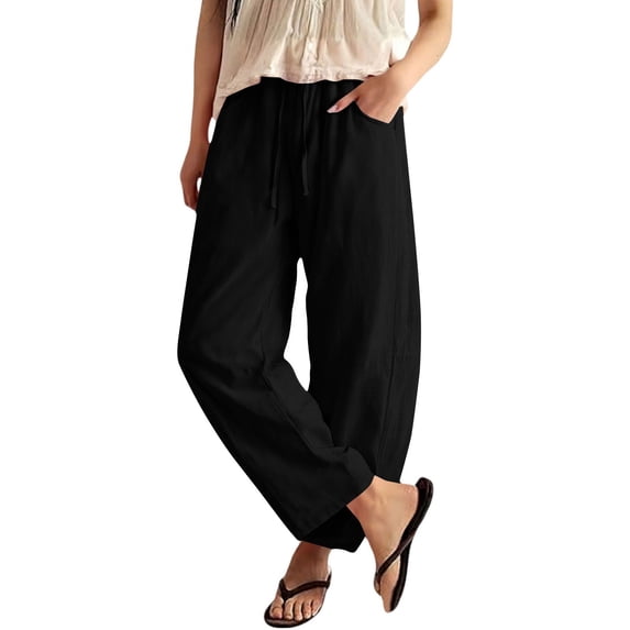 Petite Linen Pants for Women Wide Leg Sweatpant Summer Casual Lightweight Breathable Trousers with Pockets