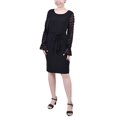 thumbnail image 1 of Petite Long Chiffon-Sleeve Knit Dress Black PM, 1 of 1