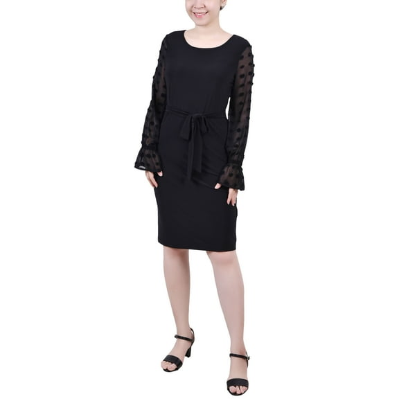 Petite Long Chiffon-Sleeve Knit Dress Black PM