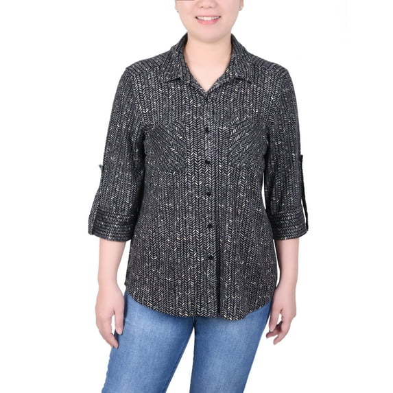 Petite Long Sleeve Button Front Tunic Top