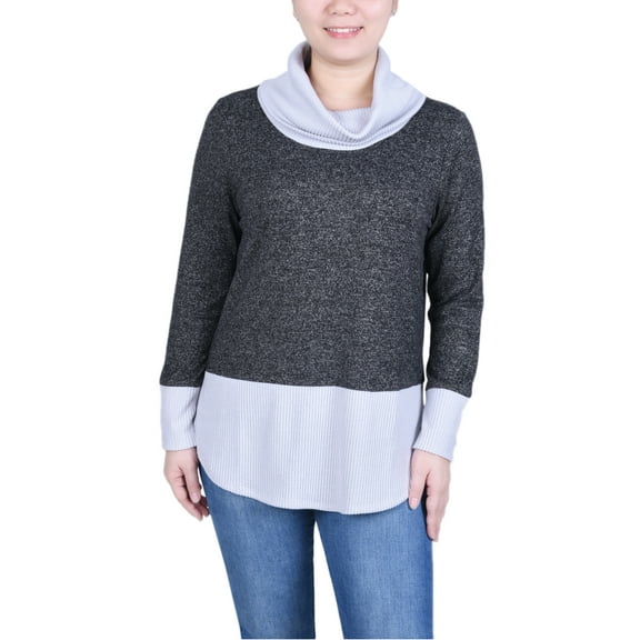 Petite Long Sleeve Cowl Neck Colorblocked Top