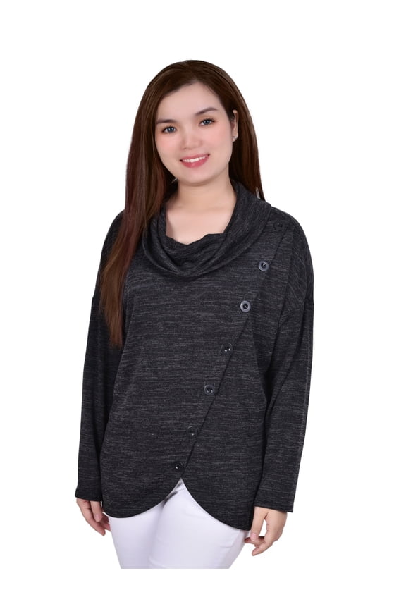 Petite Long Sleeve Cowl Neck Pullover With Buttons Top Black PM