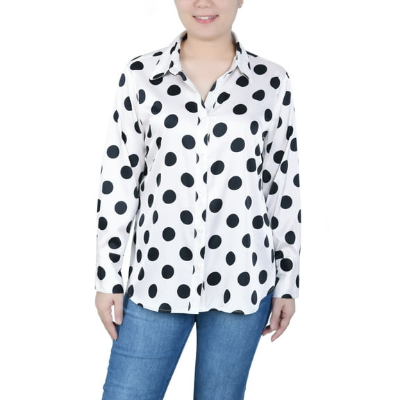 Petite Long Sleeve Dotted Satin Blouse