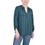 NY COLLECTION Petite Long Sleeve Foil Striped Blouse