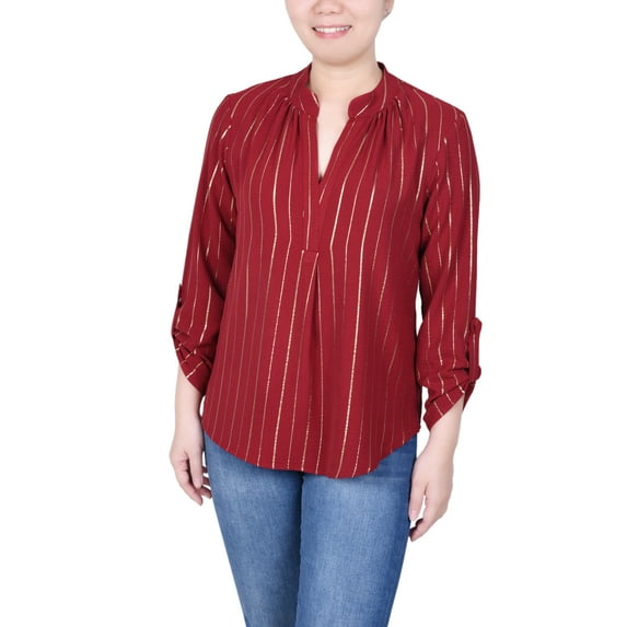 Petite Long Sleeve Foil Striped Blouse