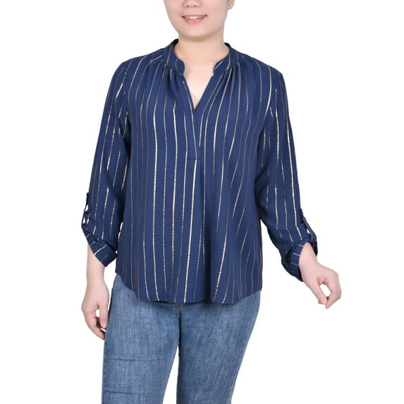 Petite Long Sleeve Foil Striped Blouse