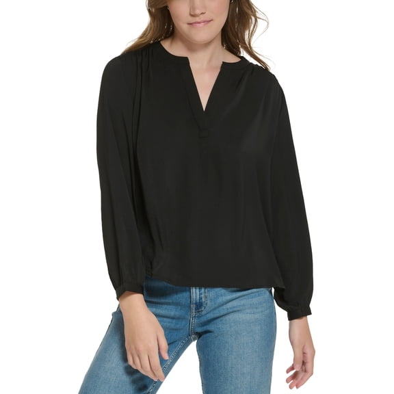 Petite Long-Sleeve Henley Top Black PXL
