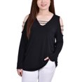 thumbnail image 1 of Petite Long Sleeve Knit Crepe Rhinestone Top Black PS, 1 of 3