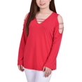 thumbnail image 1 of Petite Long Sleeve Knit Crepe Rhinestone Top Jalapeno Red PL, 1 of 1