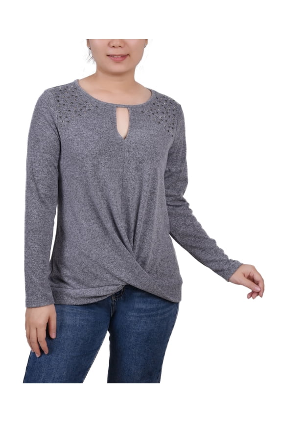 Petite Long Sleeve Knit Keyhole Top Charcoal PXL