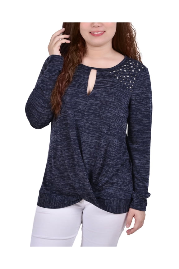 Petite Long Sleeve Knit Keyhole Top Navy PL