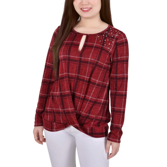 Petite Long Sleeve Knit Keyhole with Studs Top Red Plaid PL