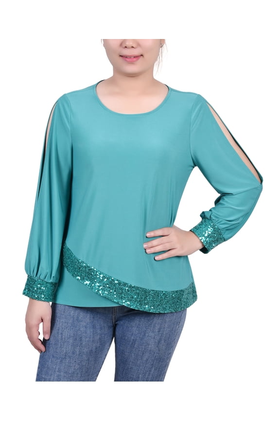 Petite Long Sleeve Knit Top with Sequin Hem Emerald Green PL