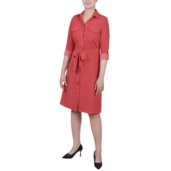 Petite Long Sleeve Roll Tab Shirtdress Red Seadots PXL