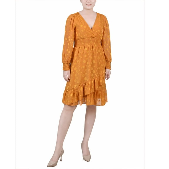 Petite Long Sleeve Smocked Waist Dress Mustard Multi Dot PXL