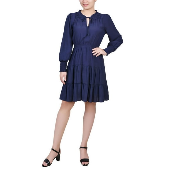 Petite Long Sleeve Tiered Dress with Ruffled Neck Navy PXL