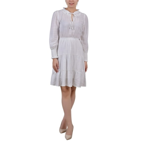 Petite Long Sleeve Tiered Dress with Ruffled Neck White PS