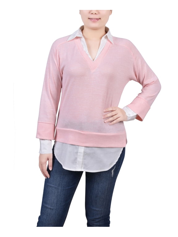 Petite Long Sleeve Two-Fer Top Peach White PL