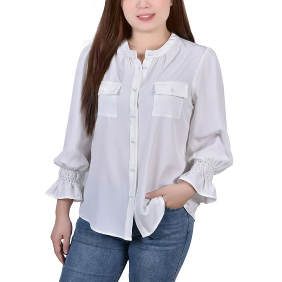 Petite Long Sleeve Y-Neck Blouse White PL