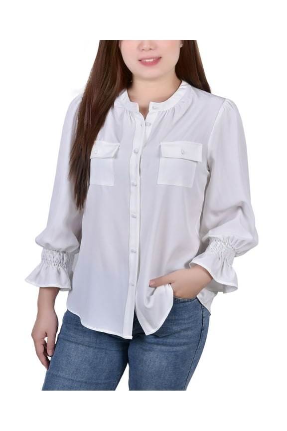 Petite Long Sleeve Y-Neck Blouse White PL