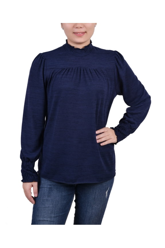 Petite Long Sleeve with Smocking Details Top Denim Blue PM